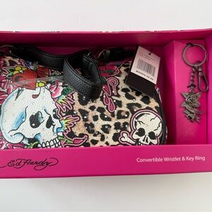 NEW Ed Hardy Leopard Skull Wristlet with Key Ring